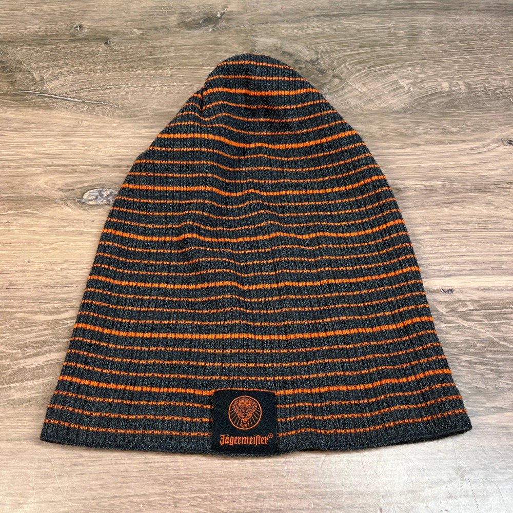 Jagermeister Beanie Grey Orange Striped Slouchy Knit Hat Unisex One Size